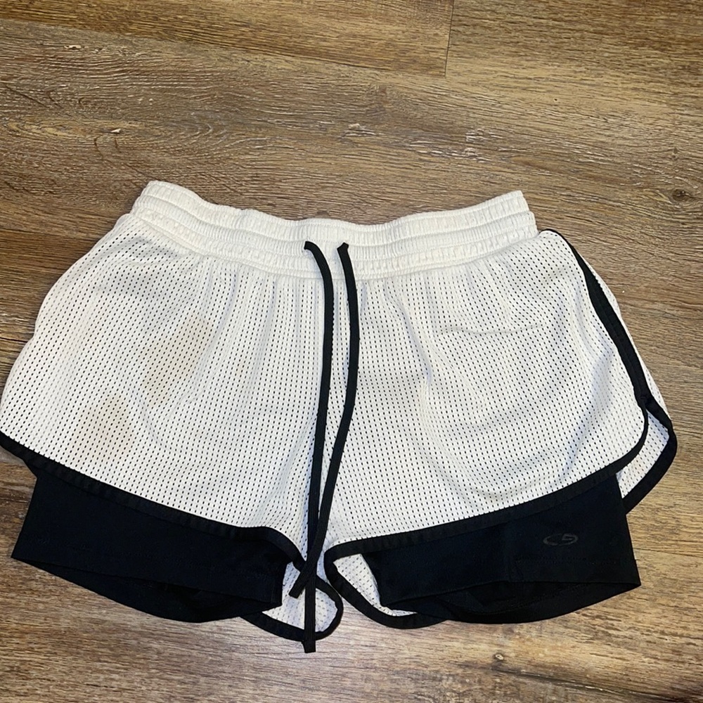 White/black athletic shorts with spandex under
